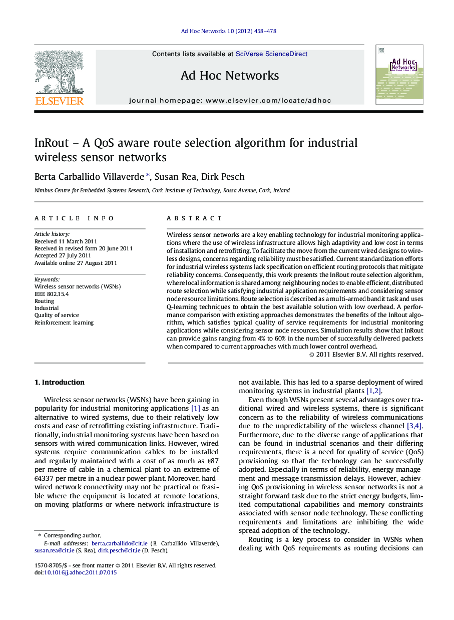 InRout – A QoS aware route selection algorithm for industrial wireless sensor networks