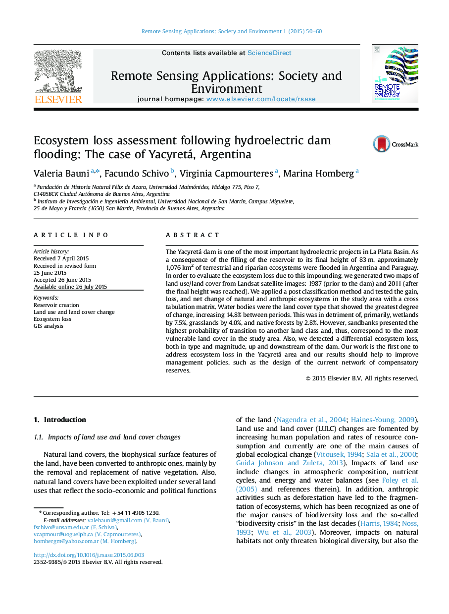 Ecosystem loss assessment following hydroelectric dam flooding: The case of Yacyretá, Argentina