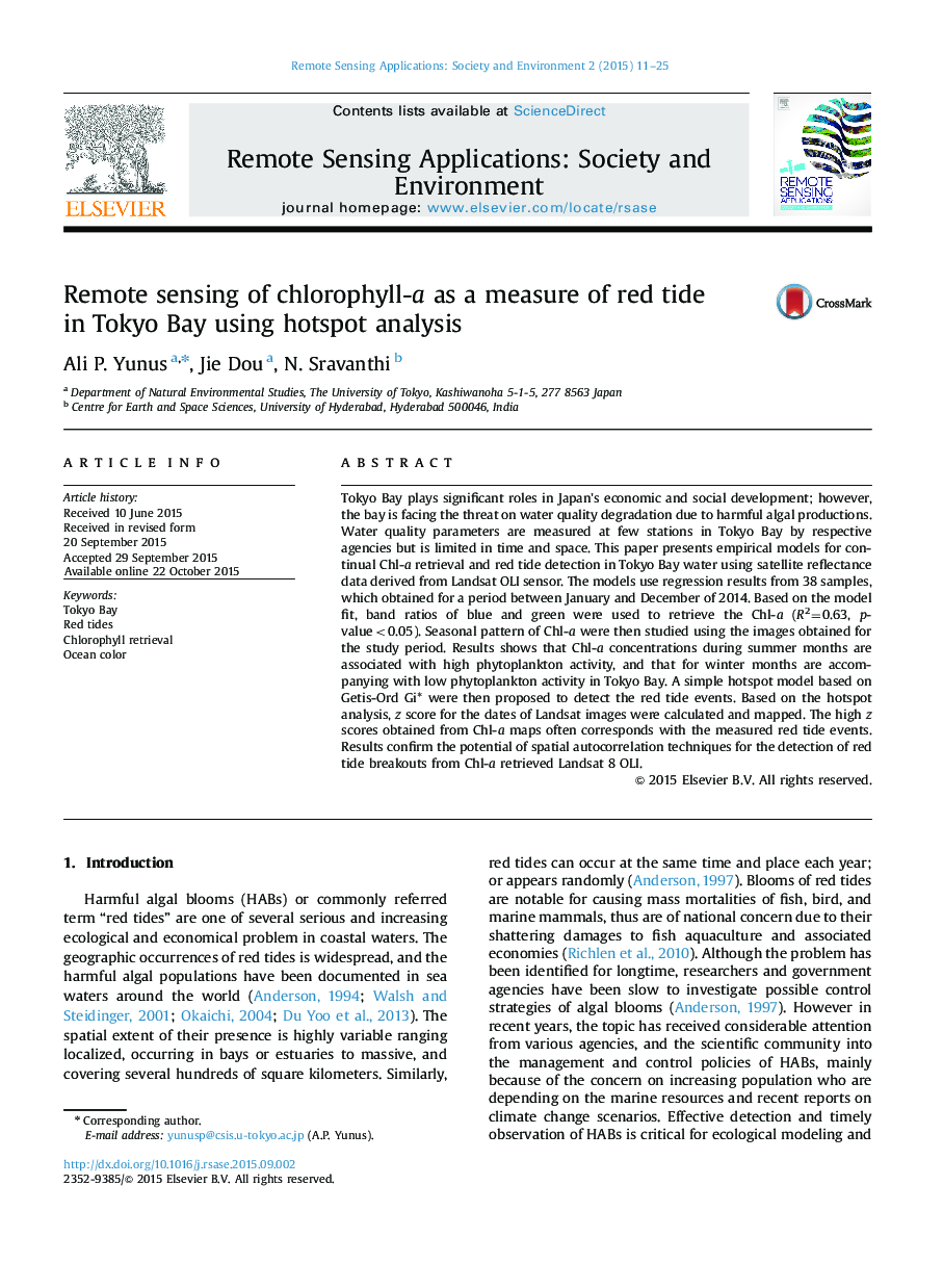 Remote sensing of chlorophyll-a as a measure of red tide in Tokyo Bay using hotspot analysis