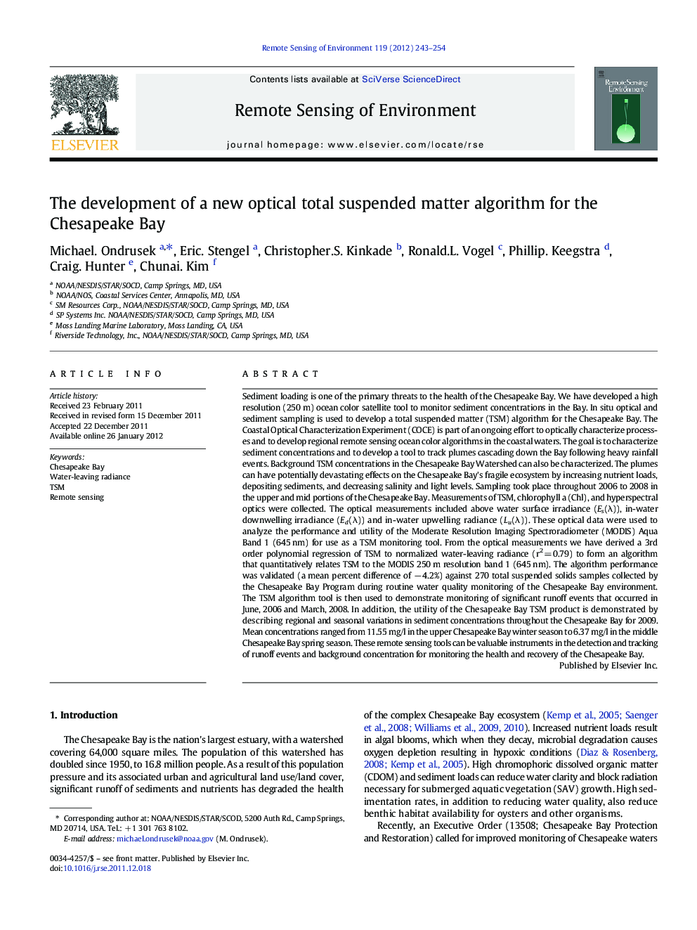 The development of a new optical total suspended matter algorithm for the Chesapeake Bay