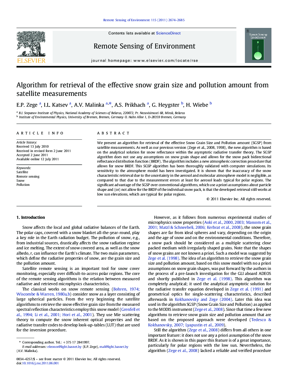 Algorithm for retrieval of the effective snow grain size and pollution amount from satellite measurements