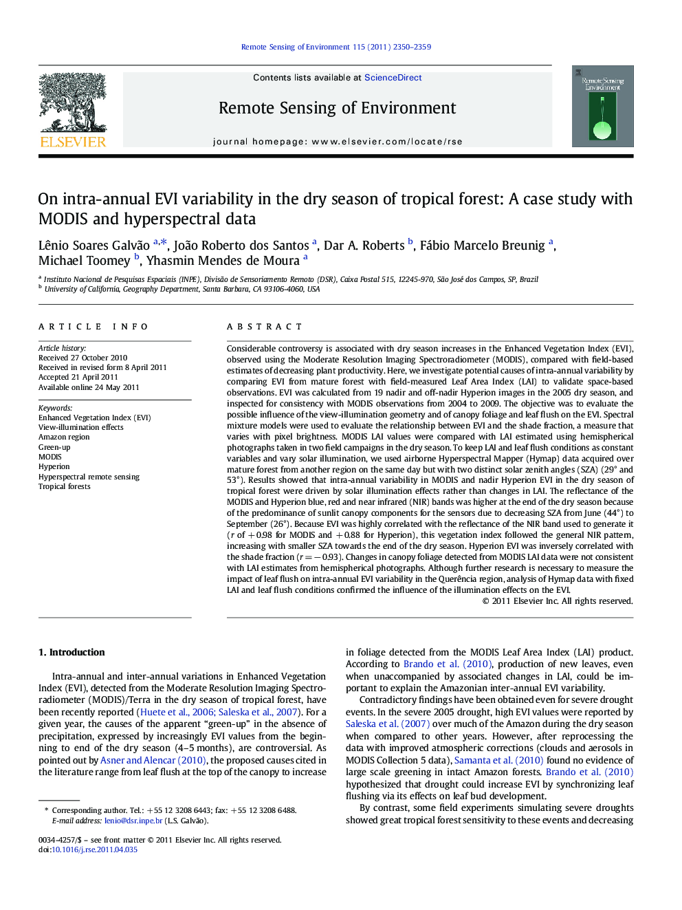 On intra-annual EVI variability in the dry season of tropical forest: A case study with MODIS and hyperspectral data
