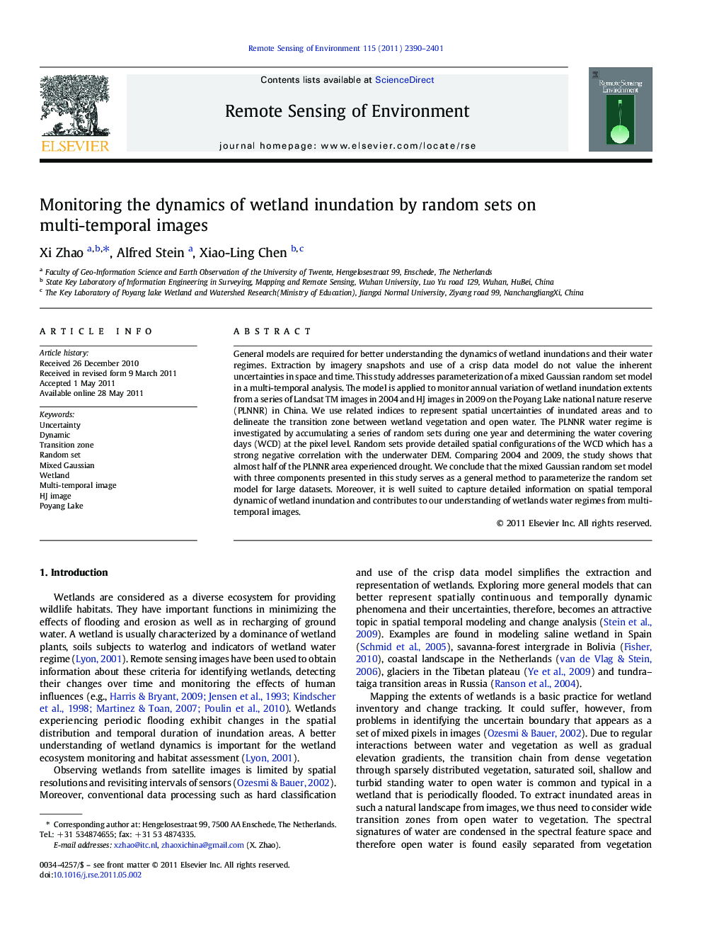 Monitoring the dynamics of wetland inundation by random sets on multi-temporal images