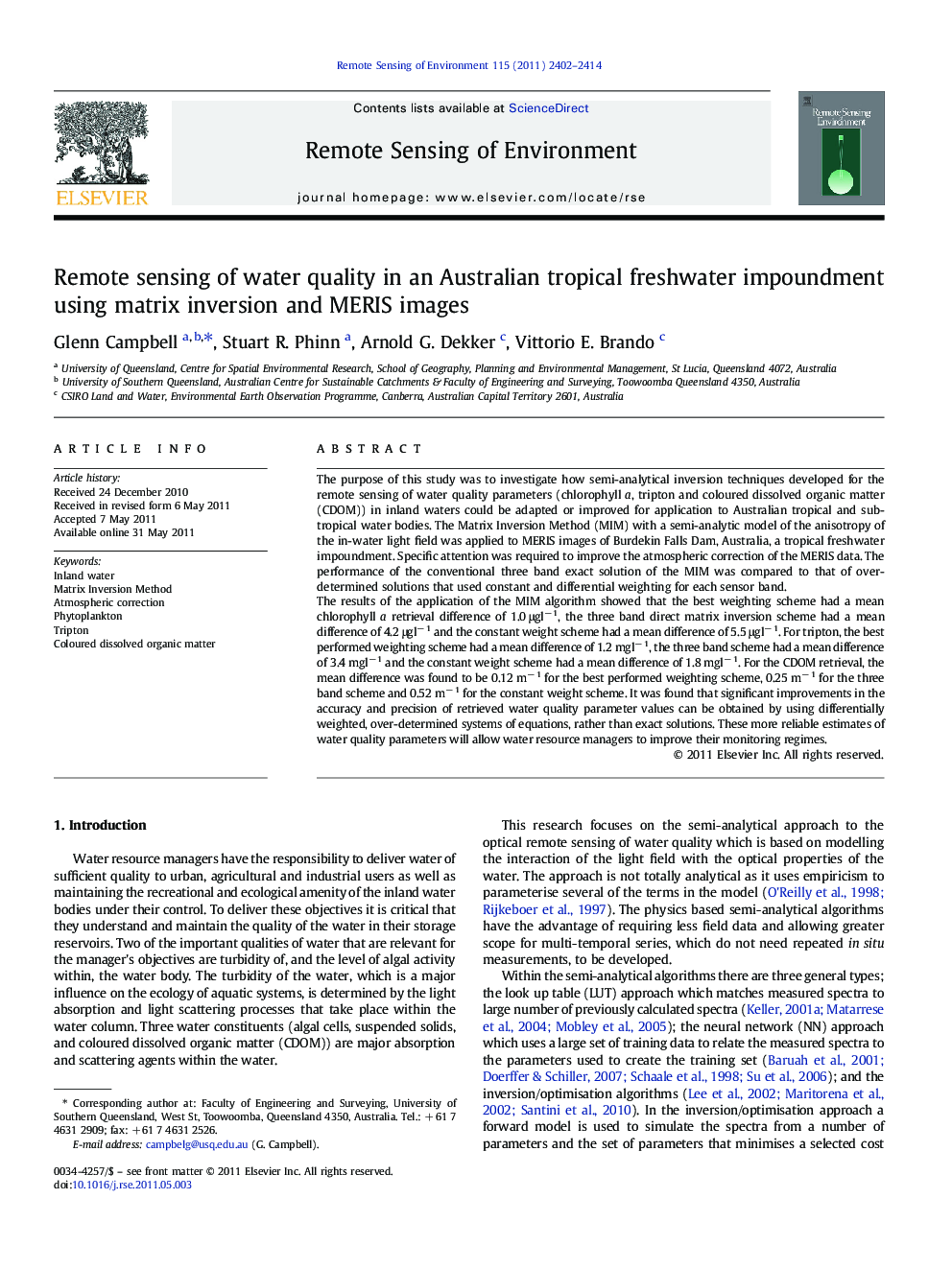 Remote sensing of water quality in an Australian tropical freshwater impoundment using matrix inversion and MERIS images