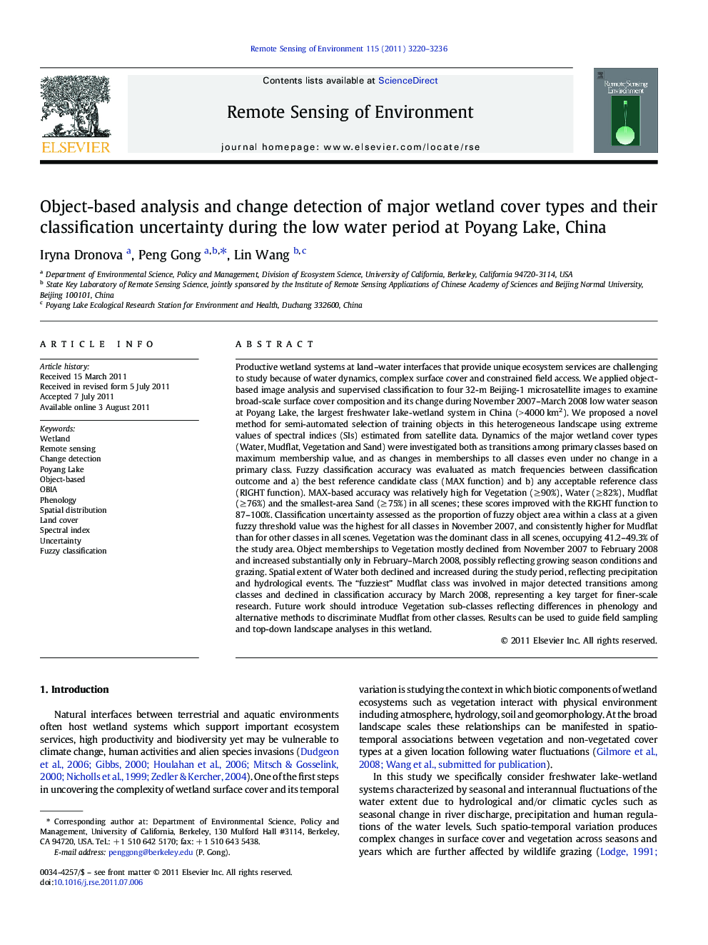 Object-based analysis and change detection of major wetland cover types and their classification uncertainty during the low water period at Poyang Lake, China