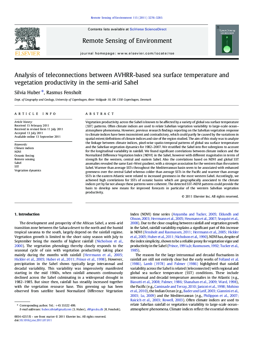 Analysis of teleconnections between AVHRR-based sea surface temperature and vegetation productivity in the semi-arid Sahel
