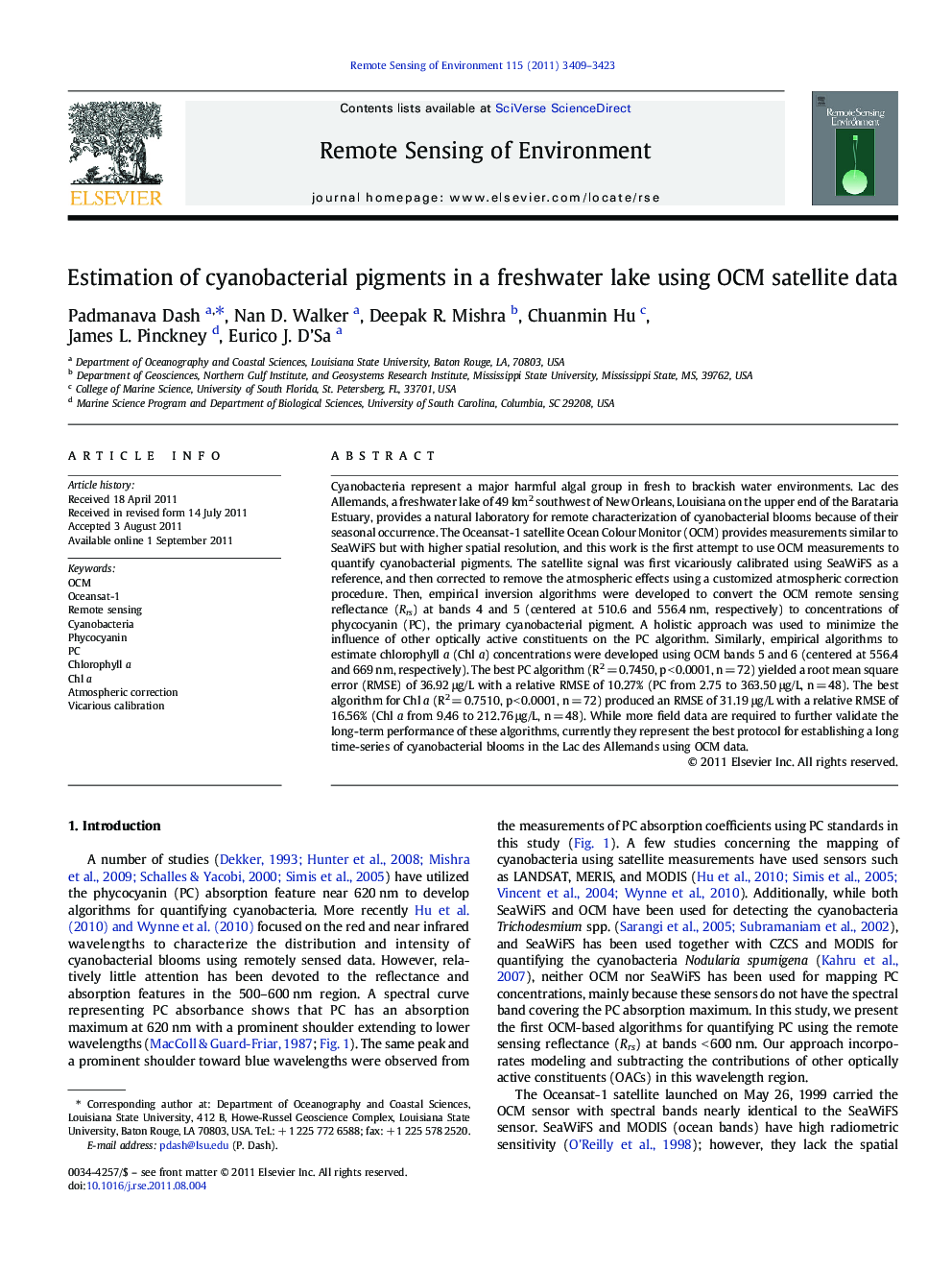 Estimation of cyanobacterial pigments in a freshwater lake using OCM satellite data