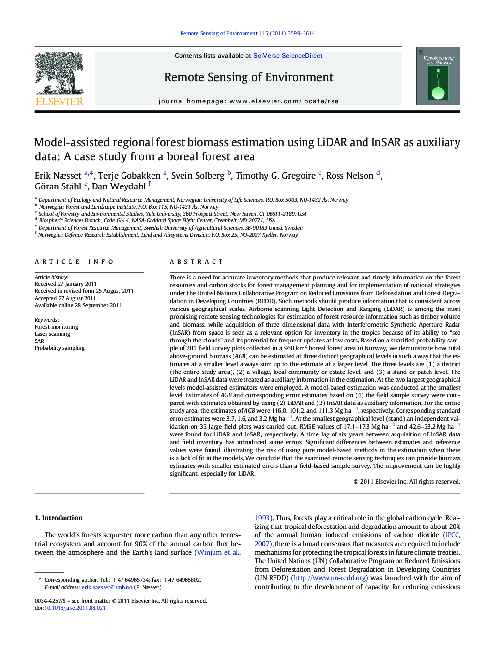 Model-assisted regional forest biomass estimation using LiDAR and InSAR as auxiliary data: A case study from a boreal forest area