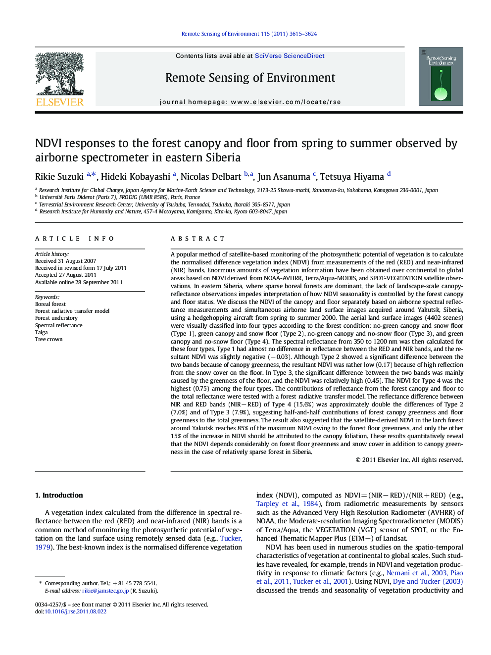 NDVI responses to the forest canopy and floor from spring to summer observed by airborne spectrometer in eastern Siberia