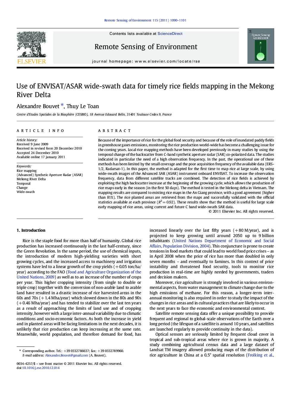 Use of ENVISAT/ASAR wide-swath data for timely rice fields mapping in the Mekong River Delta