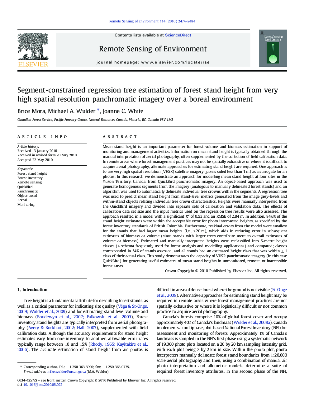 Segment-constrained regression tree estimation of forest stand height from very high spatial resolution panchromatic imagery over a boreal environment