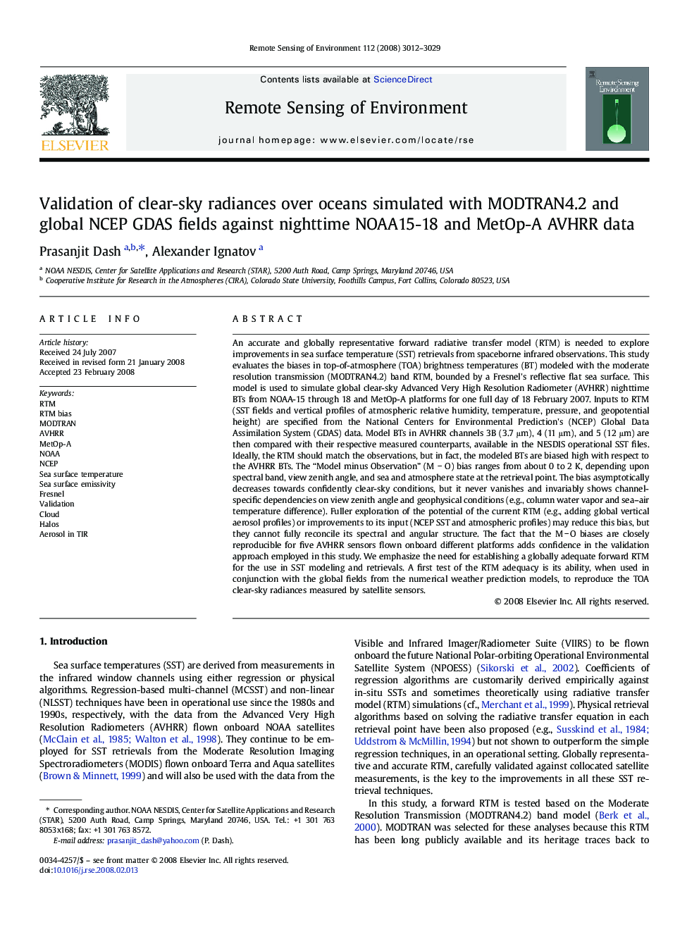Validation of clear-sky radiances over oceans simulated with MODTRAN4.2 and global NCEP GDAS fields against nighttime NOAA15-18 and MetOp-A AVHRR data