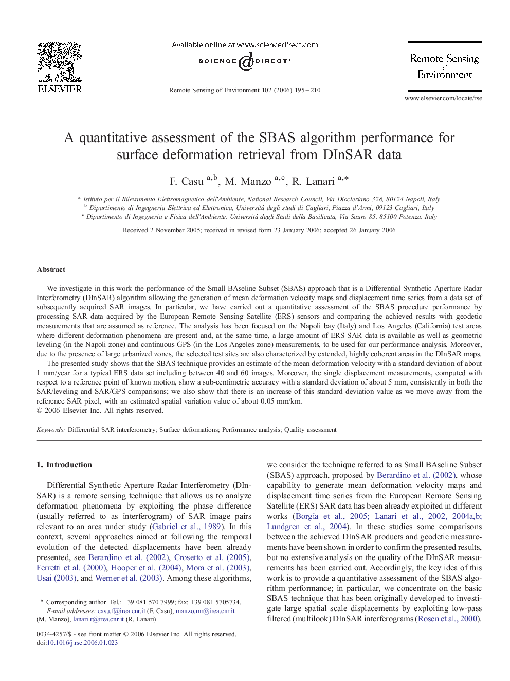 A quantitative assessment of the SBAS algorithm performance for surface deformation retrieval from DInSAR data