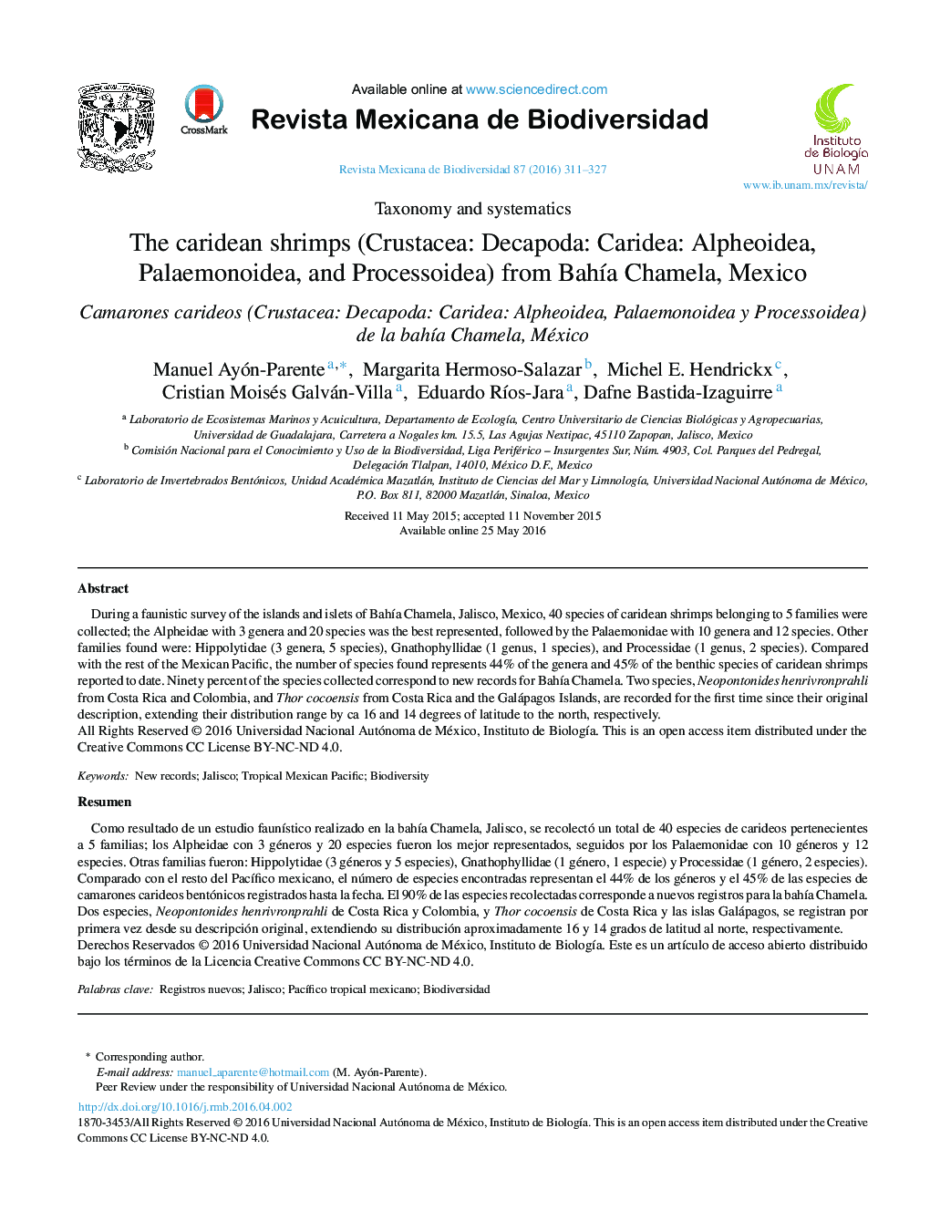 The caridean shrimps (Crustacea: Decapoda: Caridea: Alpheoidea, Palaemonoidea, and Processoidea) from Bahía Chamela, Mexico 