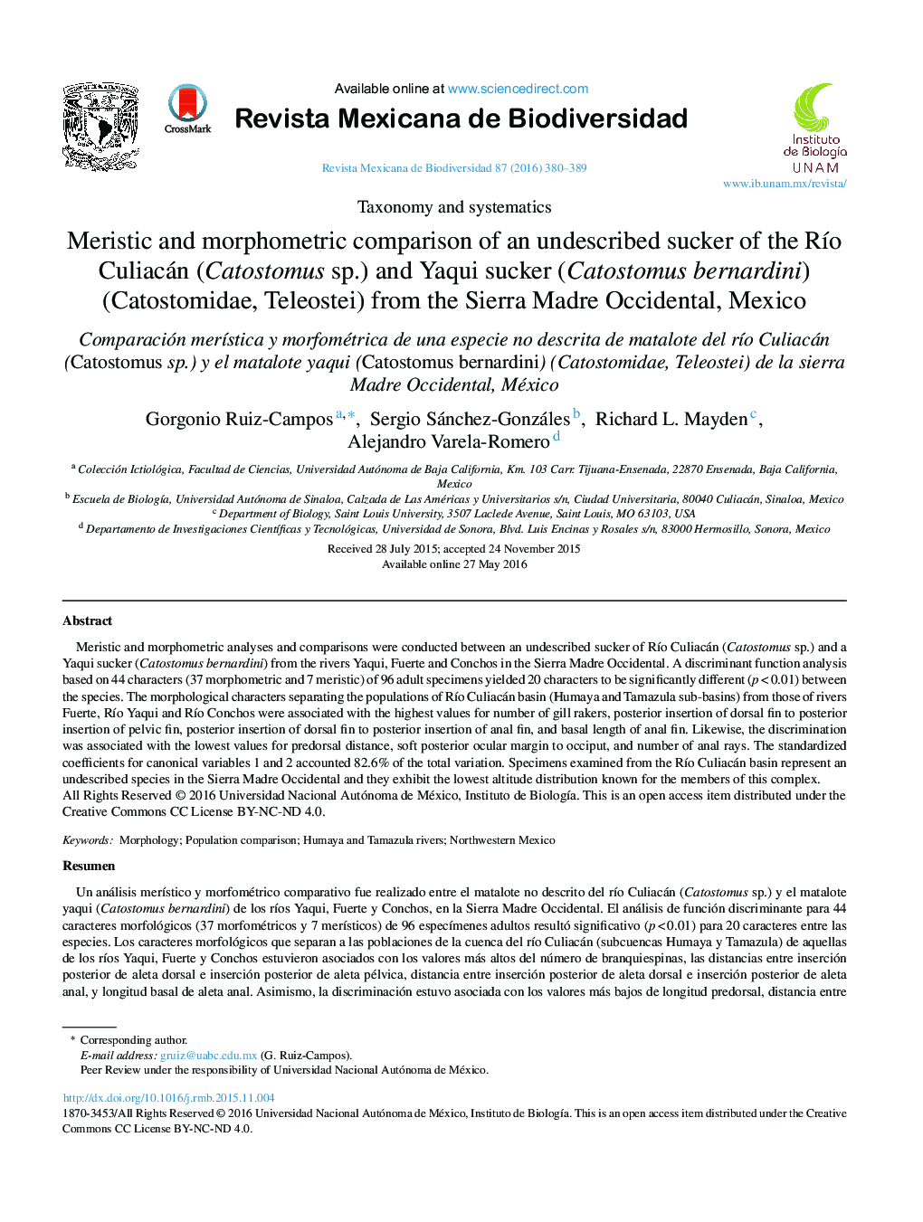 Meristic and morphometric comparison of an undescribed sucker of the Río Culiacán (Catostomus sp.) and Yaqui sucker (Catostomus bernardini) (Catostomidae, Teleostei) from the Sierra Madre Occidental, Mexico 