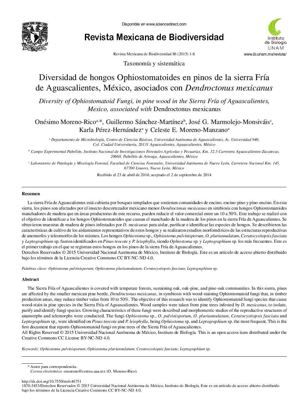 Diversidad de hongos Ophiostomatoides en pinos de la sierra Fría de Aguascalientes, México, asociados con Dendroctonus mexicanus