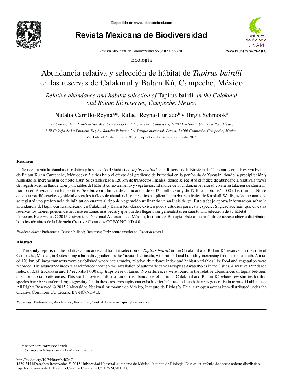Abundancia relativa y selección de hábitat de Tapirus bairdii en las reservas de Calakmul y Balam Kú, Campeche, México