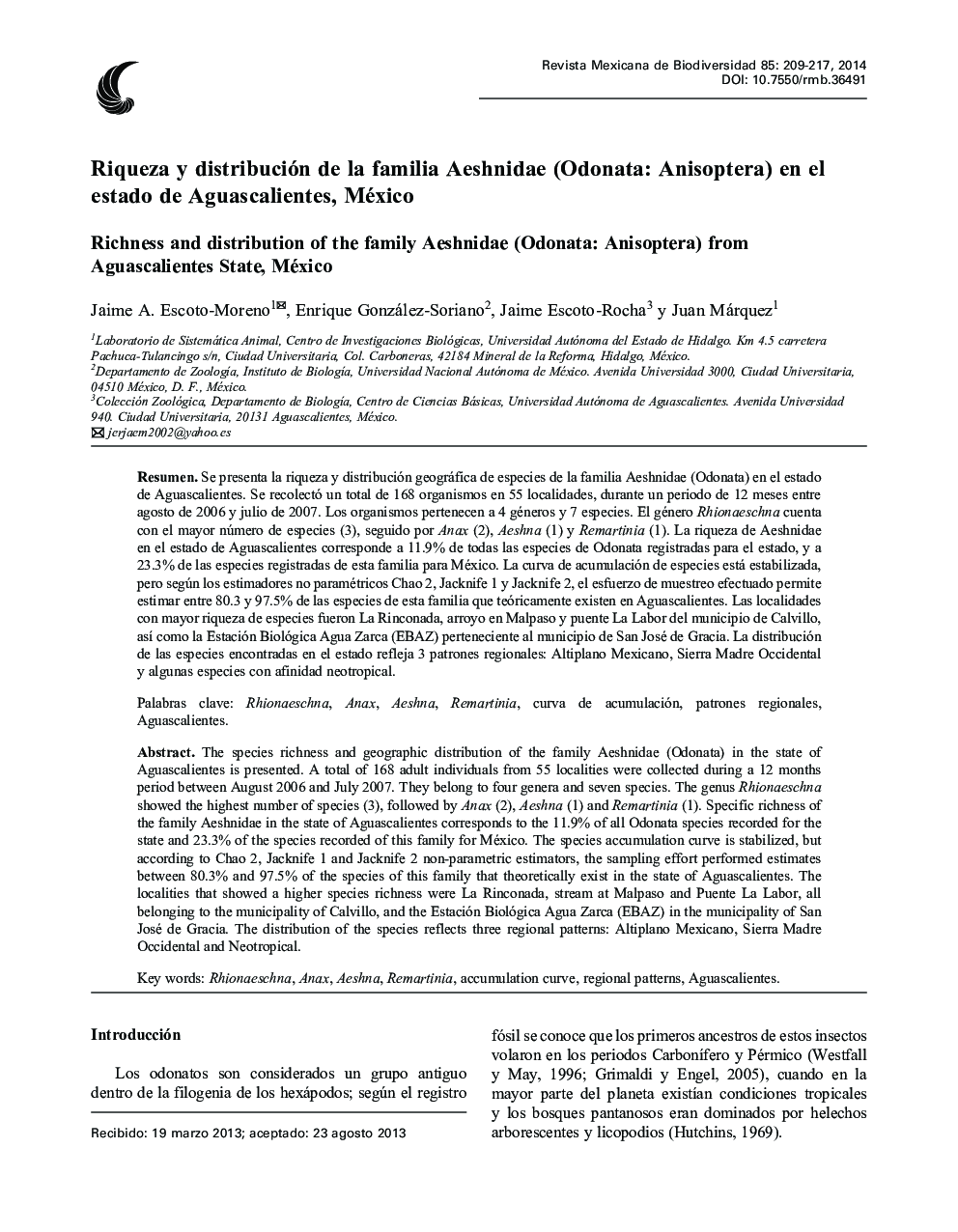Riqueza y distribución de la familia Aeshnidae (Odonata: Anisoptera) en el estado de Aguascalientes, México
