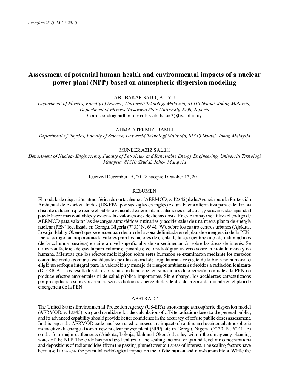 Assessment of potential human health and environmental impacts of a nuclear power plant (NPP) based on atmospheric dispersion modeling