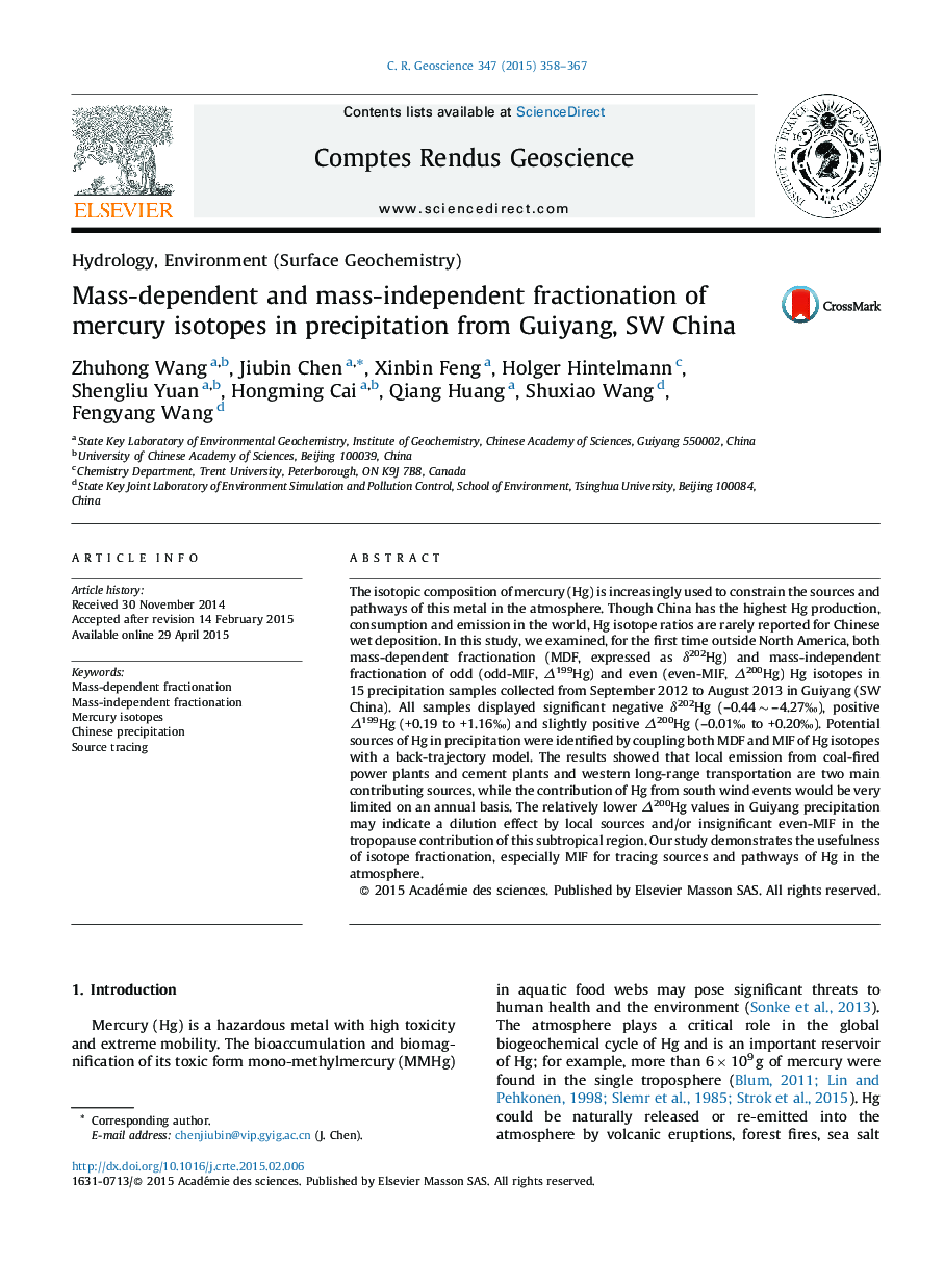 Mass-dependent and mass-independent fractionation of mercury isotopes in precipitation from Guiyang, SW China