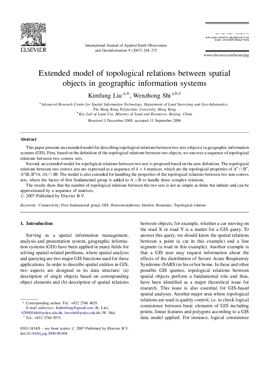 Extended model of topological relations between spatial objects in geographic information systems
