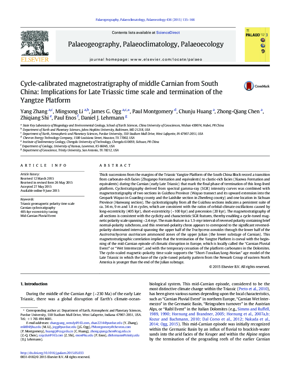 Cycle-calibrated magnetostratigraphy of middle Carnian from South China: Implications for Late Triassic time scale and termination of the Yangtze Platform