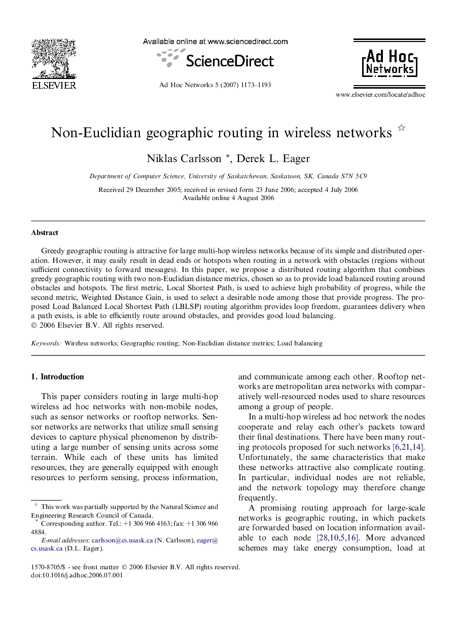 Non-Euclidian geographic routing in wireless networks 