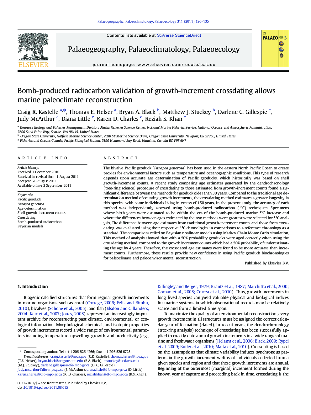 Bomb-produced radiocarbon validation of growth-increment crossdating allows marine paleoclimate reconstruction