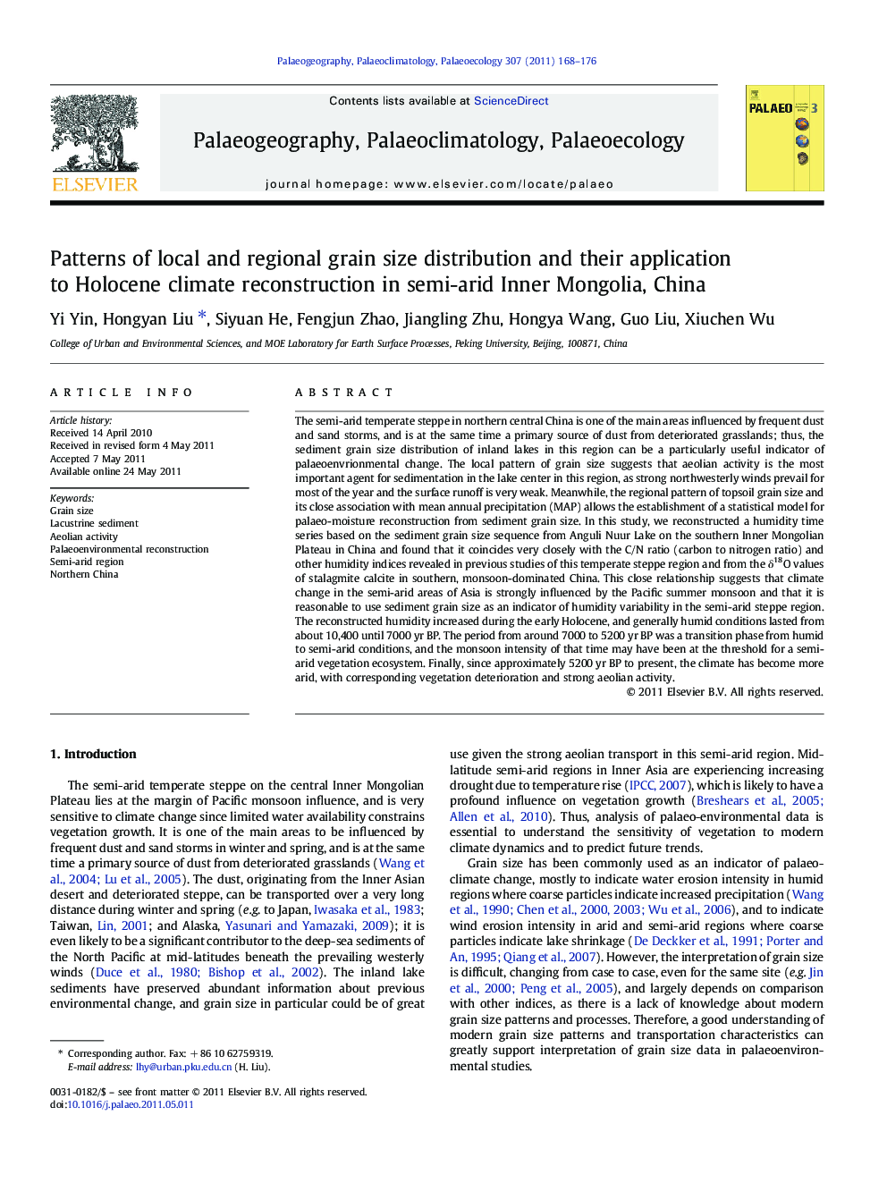 Patterns of local and regional grain size distribution and their application to Holocene climate reconstruction in semi-arid Inner Mongolia, China