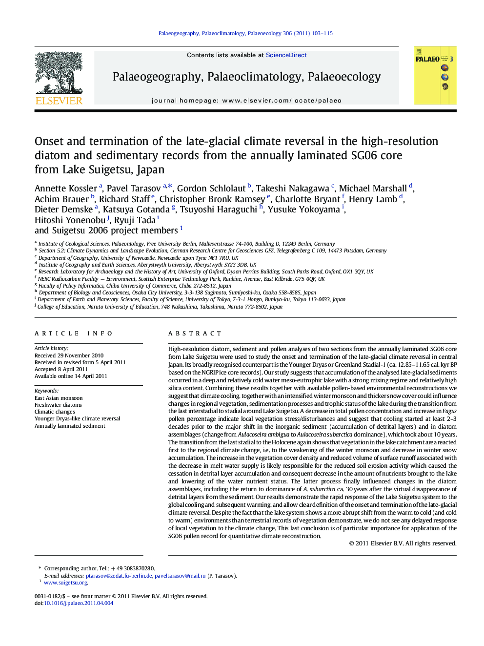 Onset and termination of the late-glacial climate reversal in the high-resolution diatom and sedimentary records from the annually laminated SG06 core from Lake Suigetsu, Japan