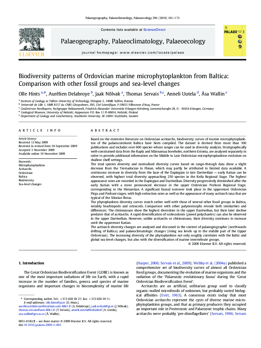 Biodiversity patterns of Ordovician marine microphytoplankton from Baltica: Comparison with other fossil groups and sea-level changes