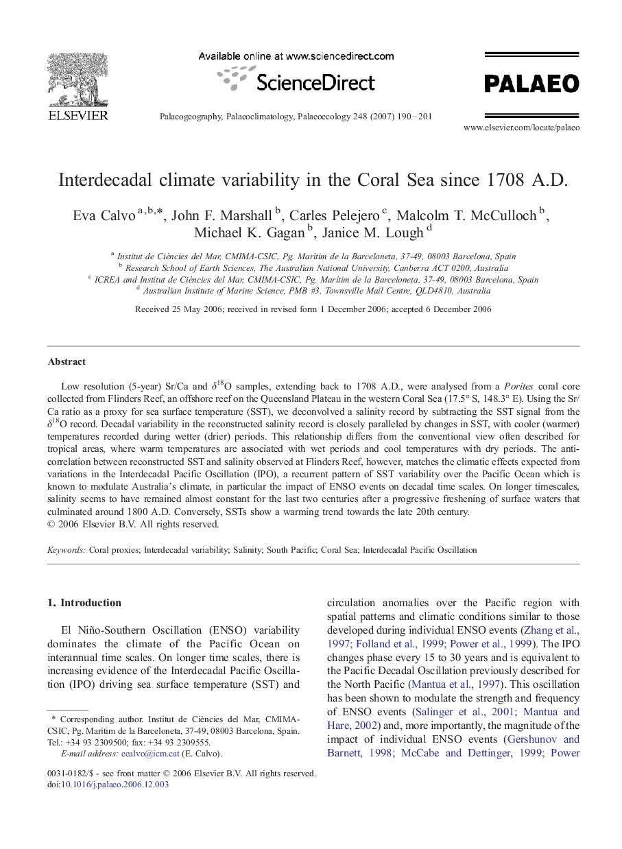 Interdecadal climate variability in the Coral Sea since 1708 A.D.