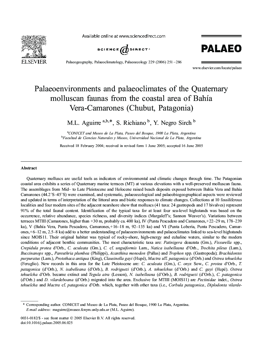 Palaeoenvironments and palaeoclimates of the Quaternary molluscan faunas from the coastal area of Bahía Vera-Camarones (Chubut, Patagonia)