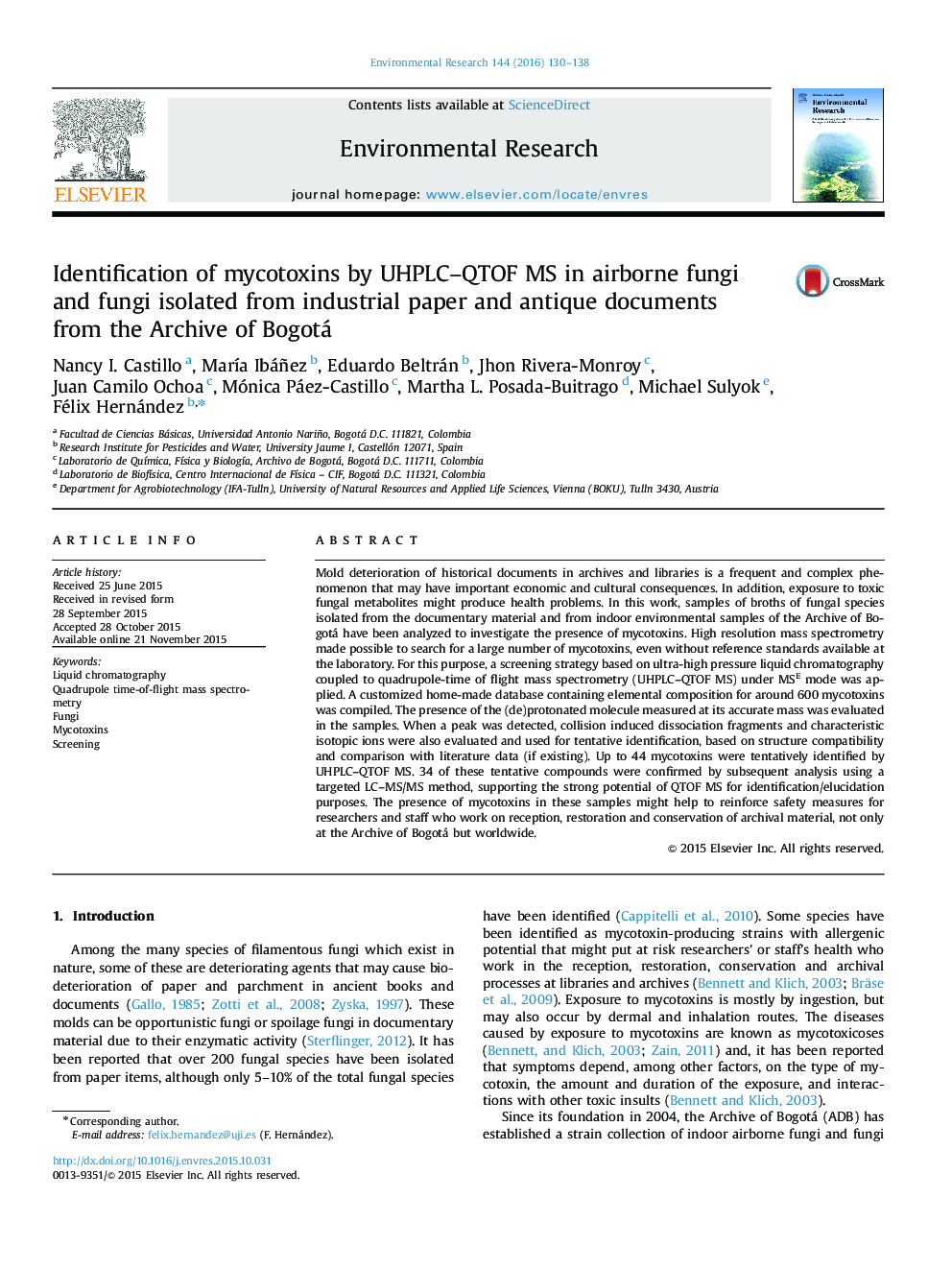 Identification of mycotoxins by UHPLC–QTOF MS in airborne fungi and fungi isolated from industrial paper and antique documents from the Archive of Bogotá