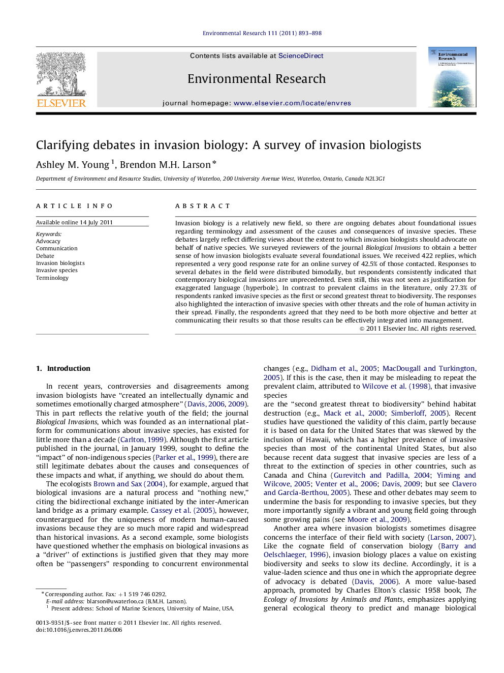 Clarifying debates in invasion biology: A survey of invasion biologists