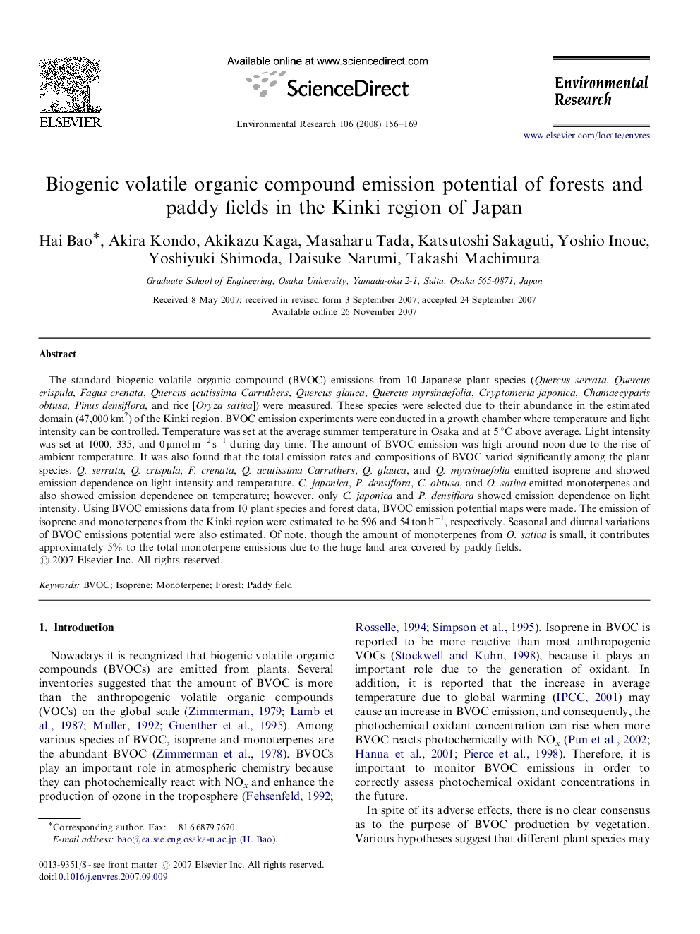 Biogenic volatile organic compound emission potential of forests and paddy fields in the Kinki region of Japan