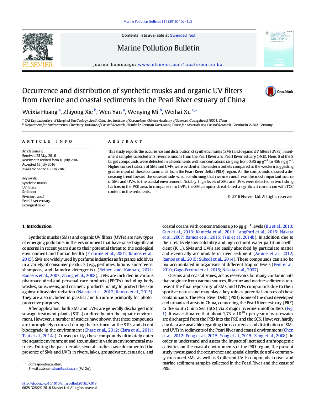 پیدایش و توزیع مشک مصنوعی و فیلترهای UV آلی از رودخانه و رسوبات ساحلی در مصب رودخانه مروارید چین
