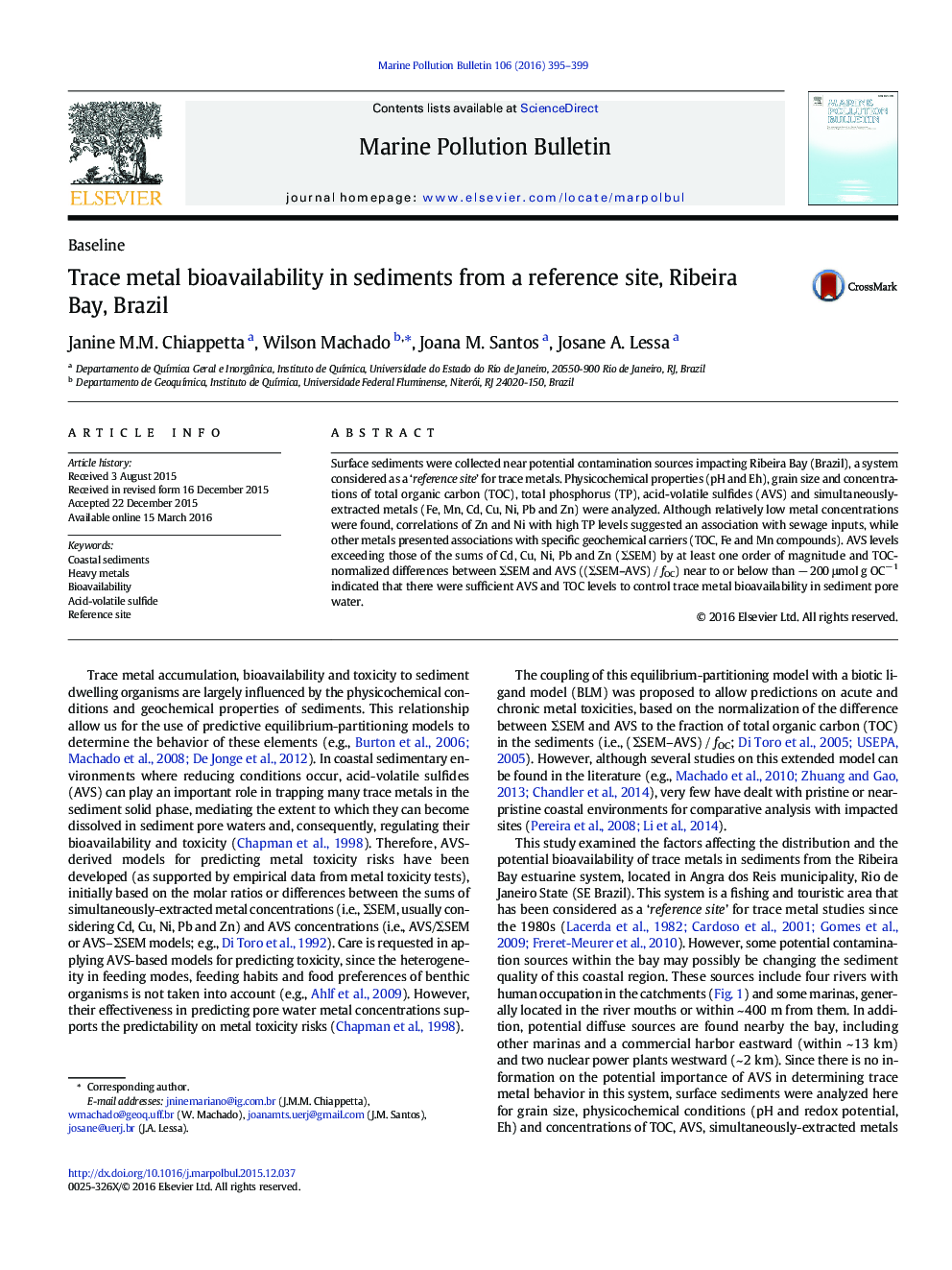 ردیابی بیولوژیک فلز در دسترس در رسوبات از یک سایت مرجع، ریبیرا خلیج، برزیل