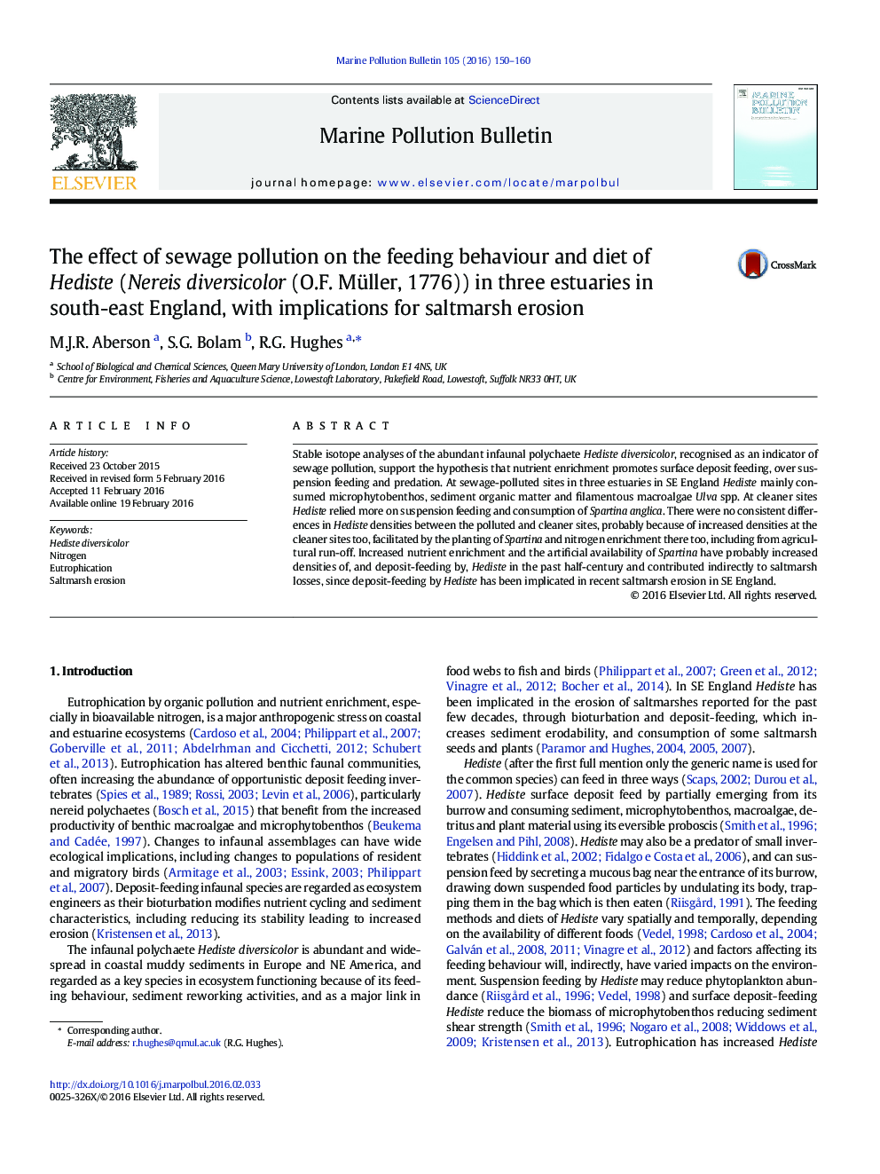 The effect of sewage pollution on the feeding behaviour and diet of Hediste (Nereis diversicolor (O.F. Müller, 1776)) in three estuaries in south-east England, with implications for saltmarsh erosion