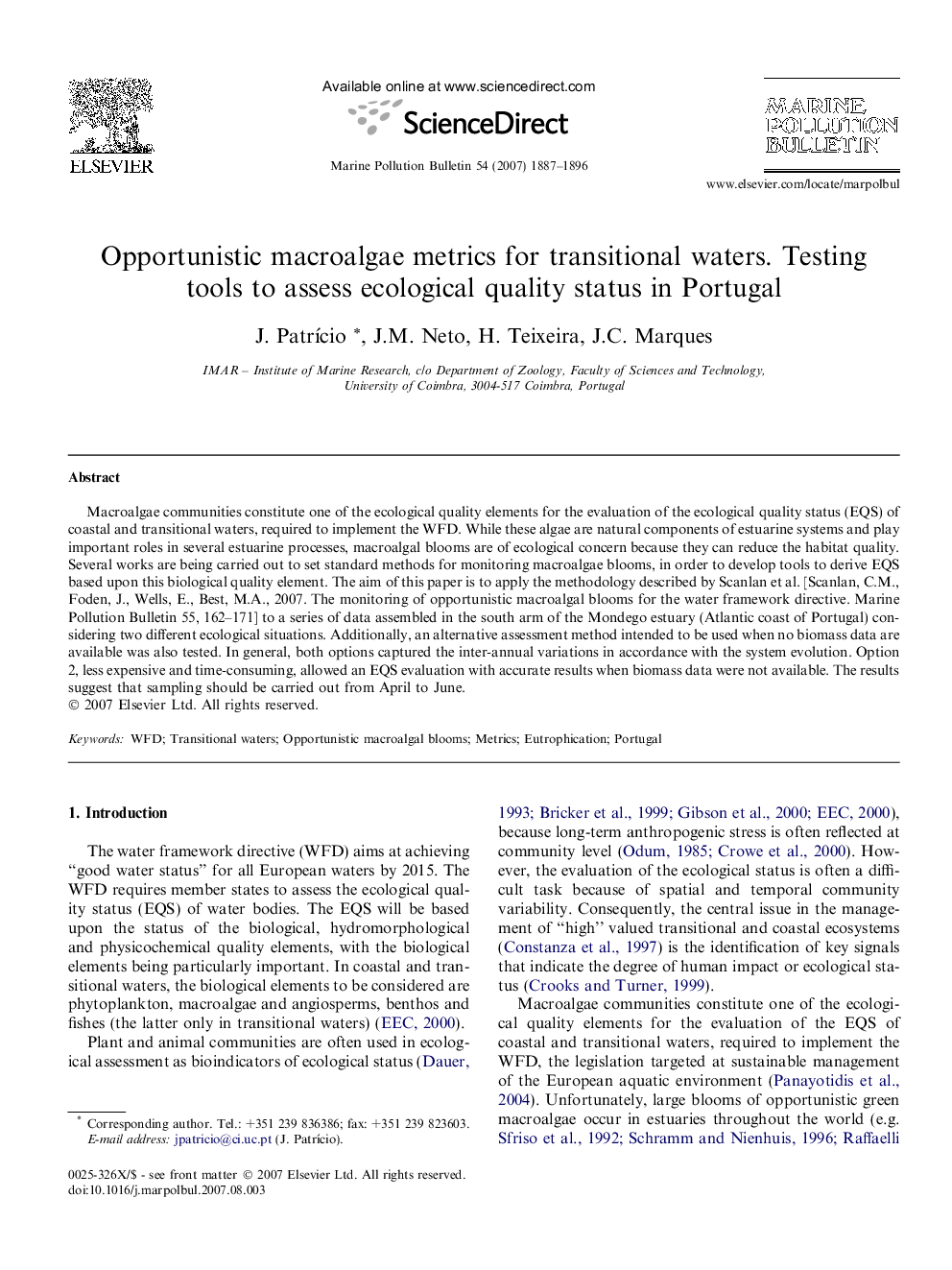 Opportunistic macroalgae metrics for transitional waters. Testing tools to assess ecological quality status in Portugal