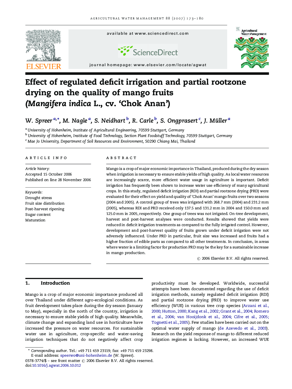 Effect of regulated deficit irrigation and partial rootzone drying on the quality of mango fruits (Mangifera indica L., cv. ‘Chok Anan’)