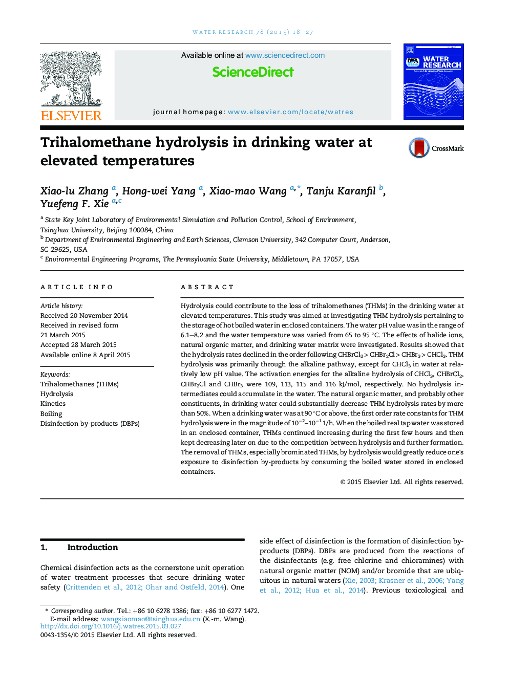 Trihalomethane hydrolysis in drinking water at elevated temperatures