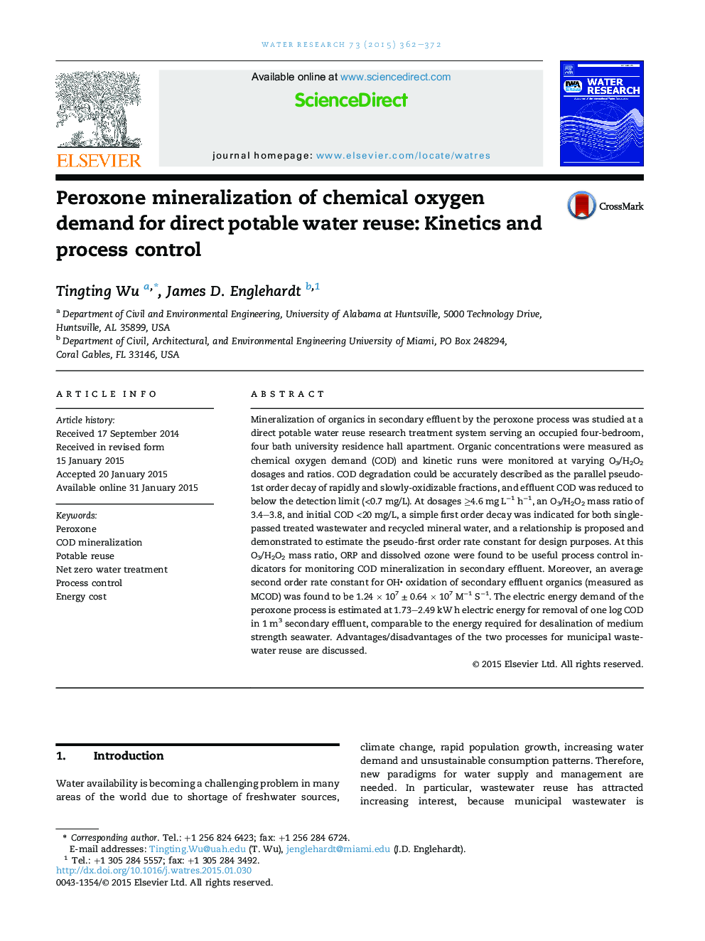 پراکسون کانی سازی نیاز مصرف اکسیژن شیمیایی برای استفاده مجدد آب آشامیدنی مستقیم: سینتیک و کنترل فرآیند 