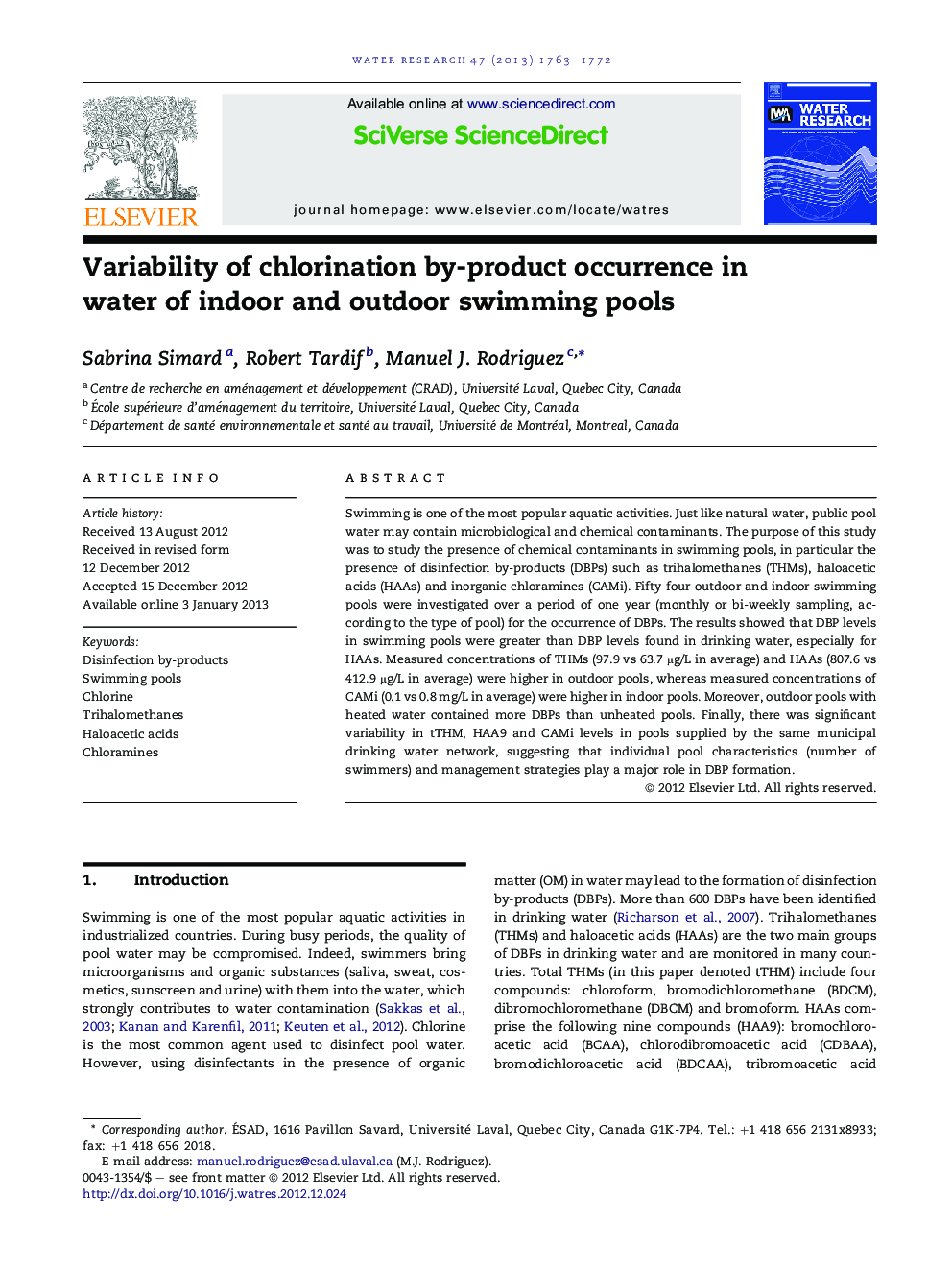 Variability of chlorination by-product occurrence in water of indoor and outdoor swimming pools