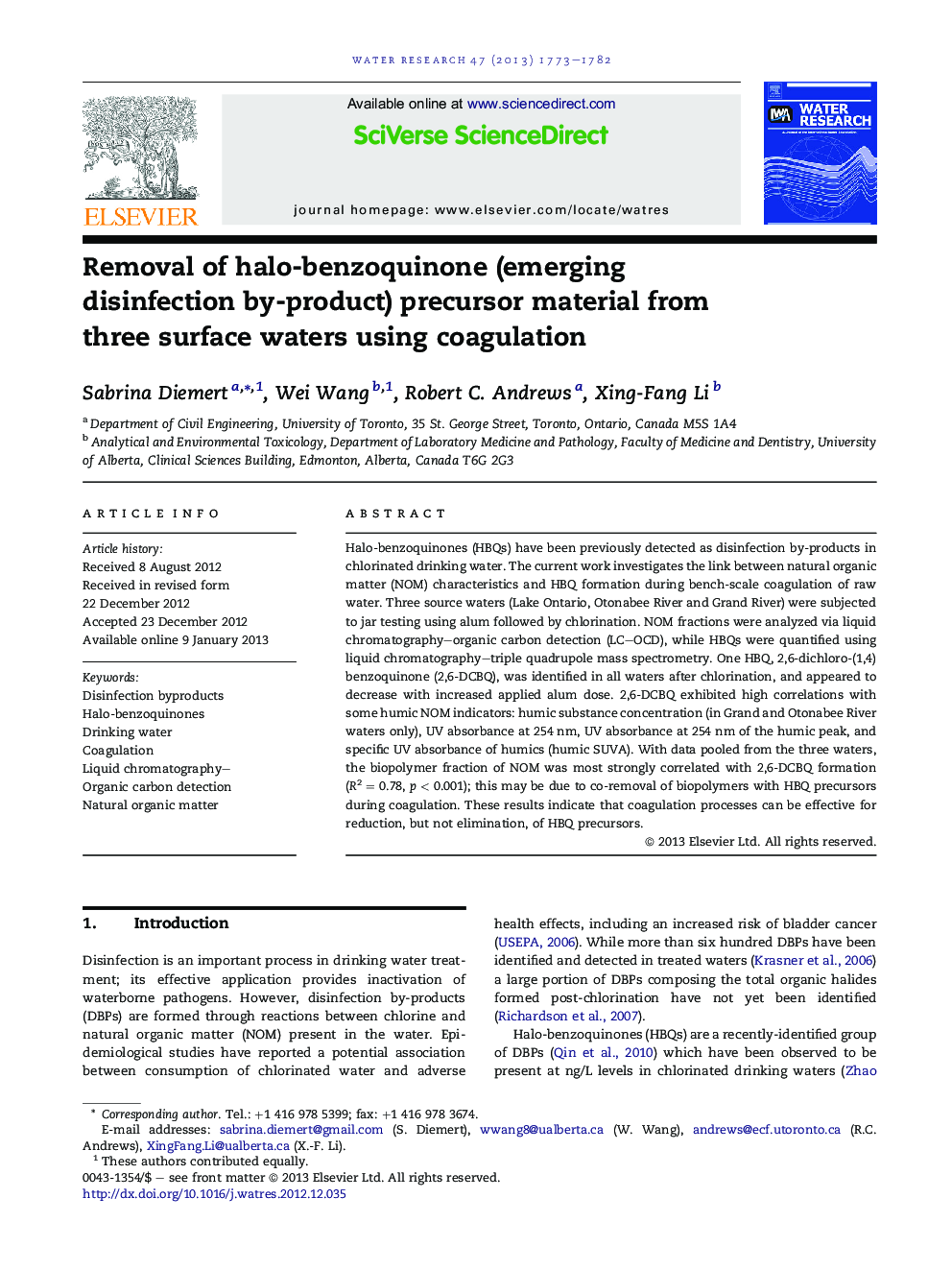 Removal of halo-benzoquinone (emerging disinfection by-product) precursor material from three surface waters using coagulation