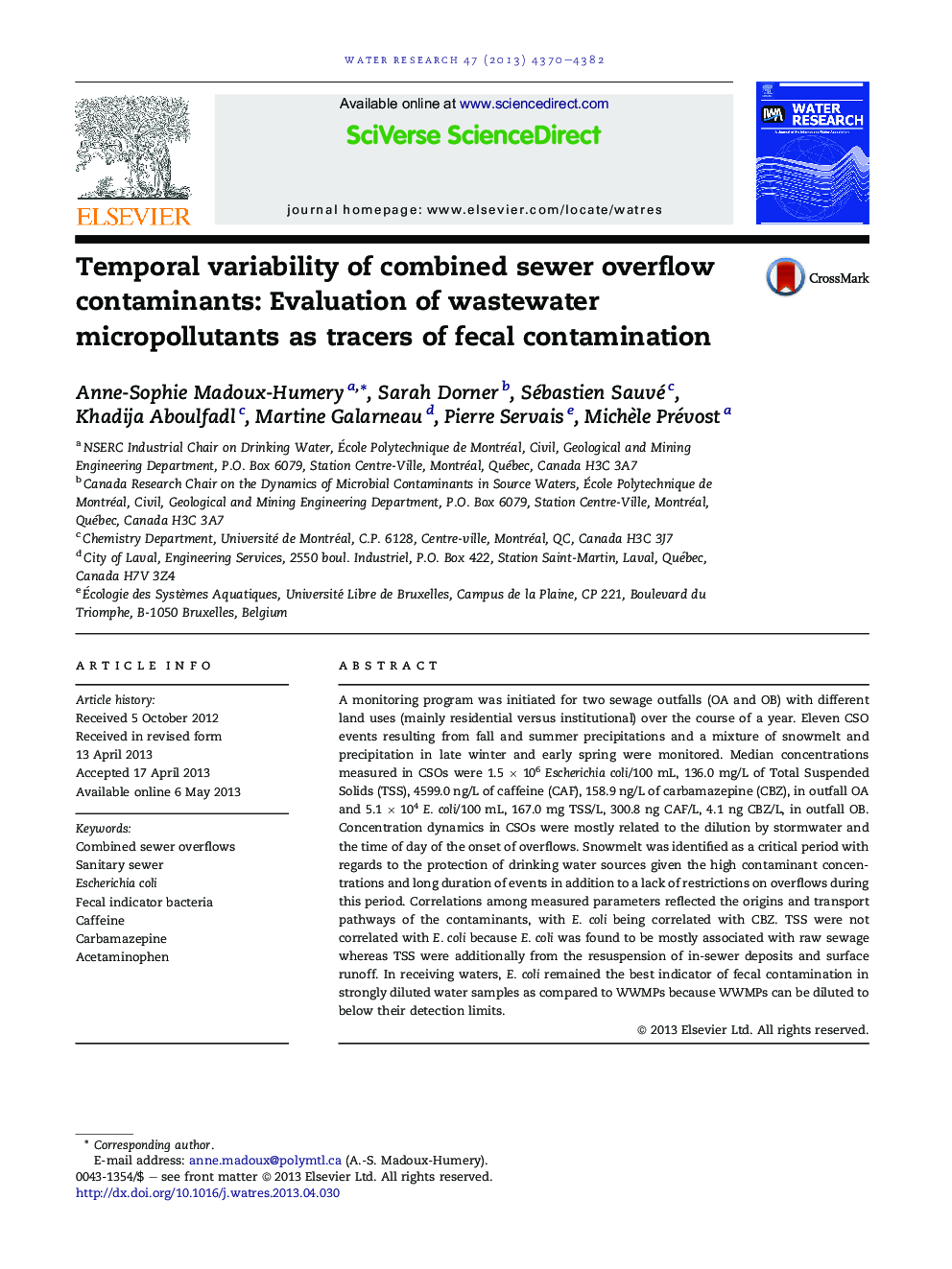Temporal variability of combined sewer overflow contaminants: Evaluation of wastewater micropollutants as tracers of fecal contamination