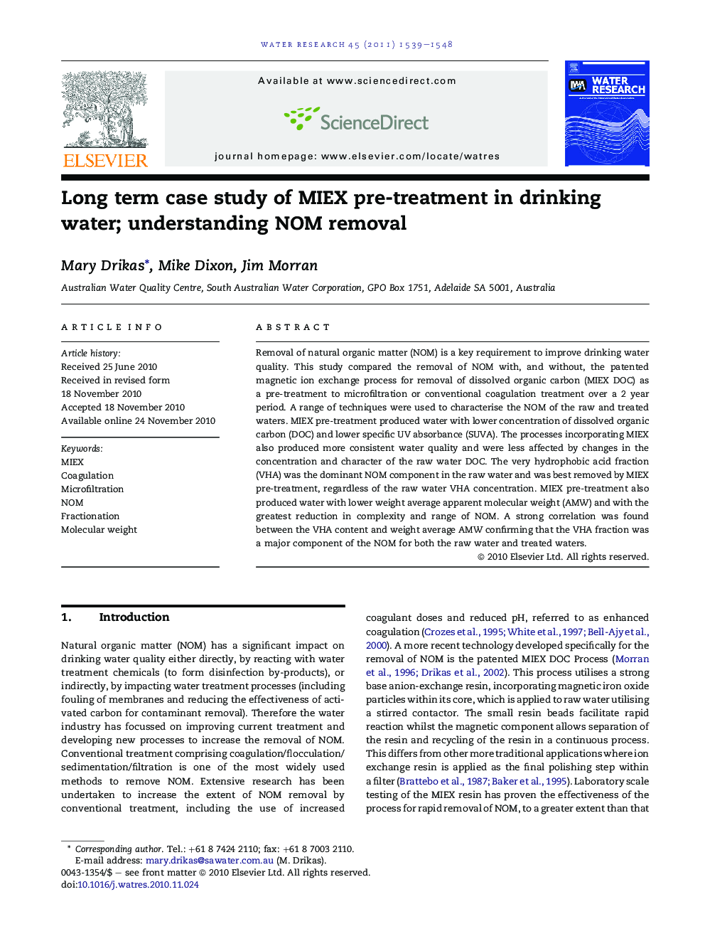 Long term case study of MIEX pre-treatment in drinking water; understanding NOM removal