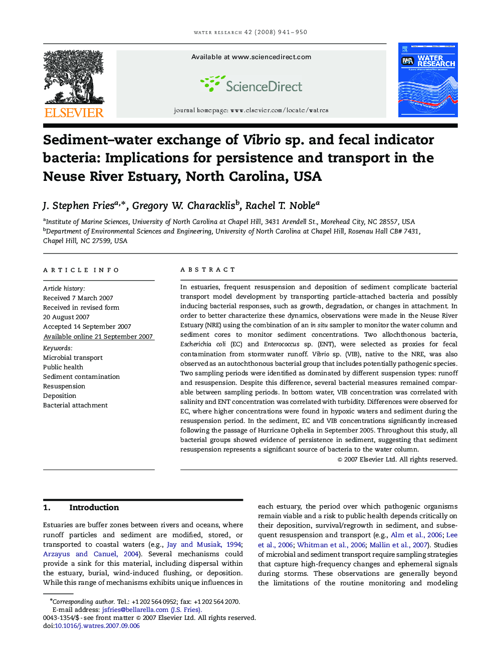 Sediment–water exchange of Vibrio sp. and fecal indicator bacteria: Implications for persistence and transport in the Neuse River Estuary, North Carolina, USA