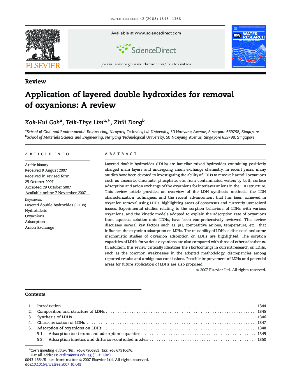 Application of layered double hydroxides for removal of oxyanions: A review
