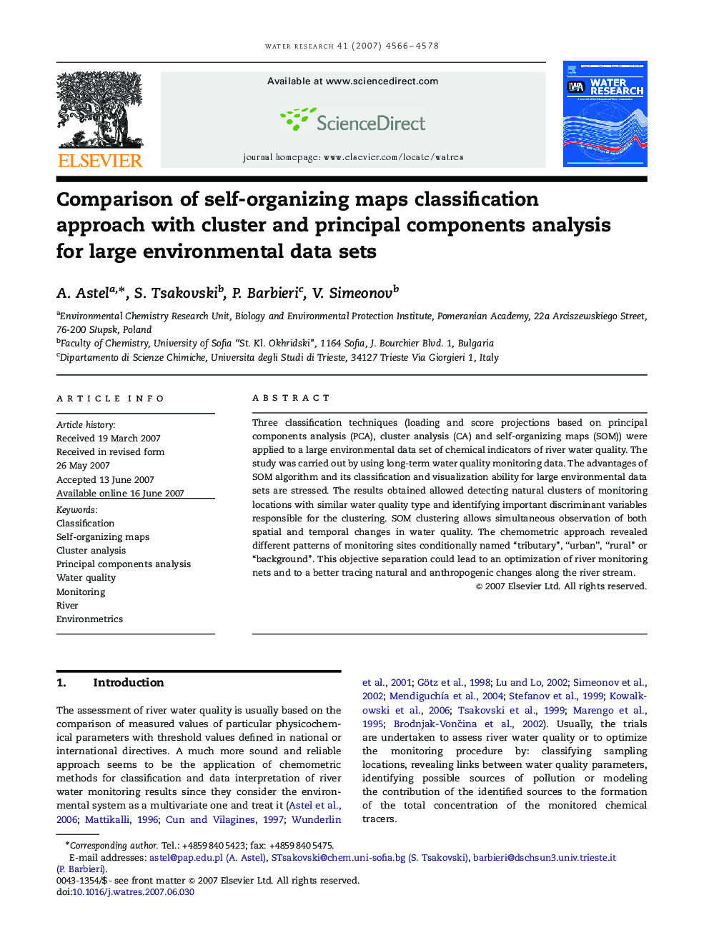 Comparison of self-organizing maps classification approach with cluster and principal components analysis for large environmental data sets